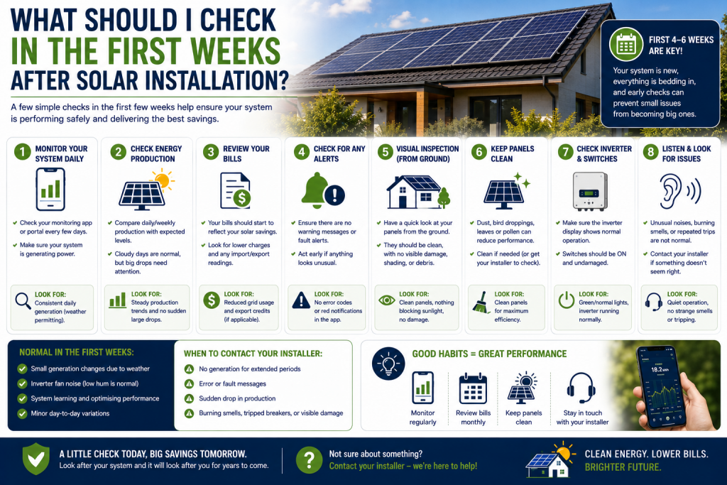What should I check in the first weeks after solar installation